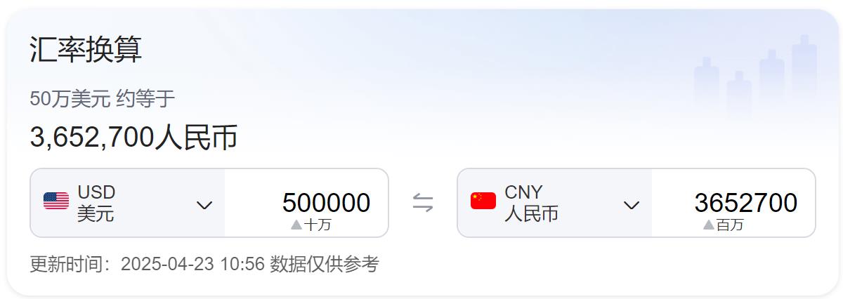 50萬美金是人民幣多少錢